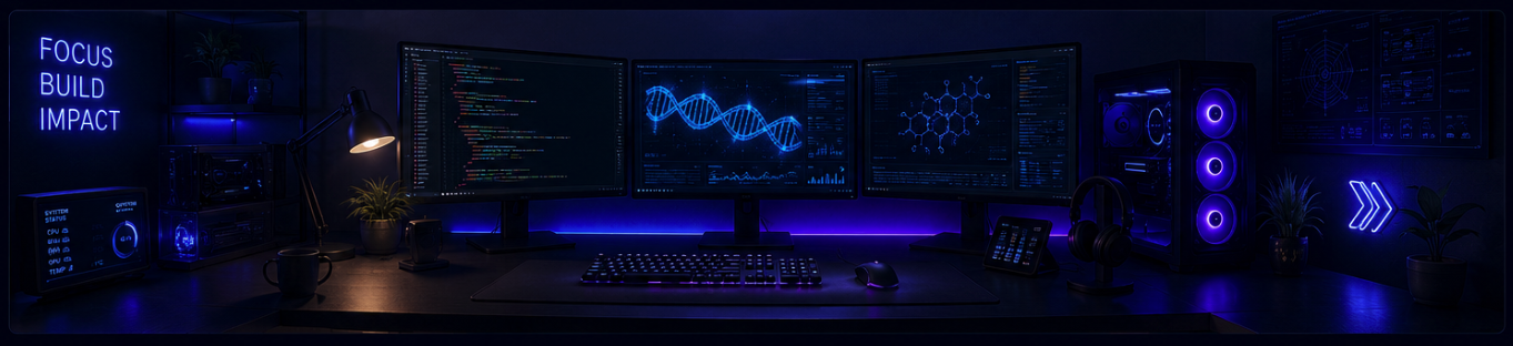Blue-lit workspace with Focus Build Impact on the wall